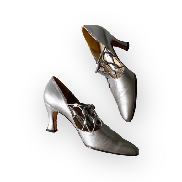 Vintage: Evan Picone ♚ Lattice Mary Janes Heels Pumps ♚ Metallic Silver Leather - Picture 15 of 16